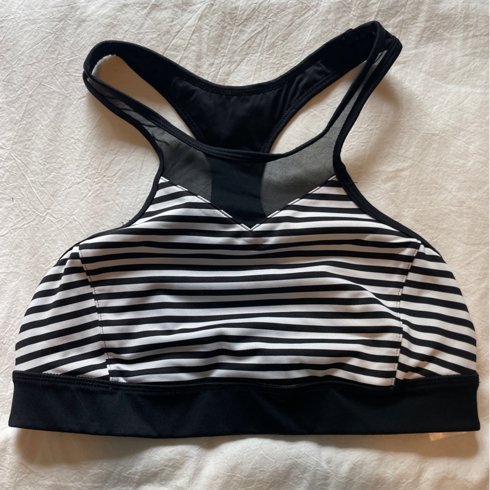 Zella Black and White Striped Sports Bra